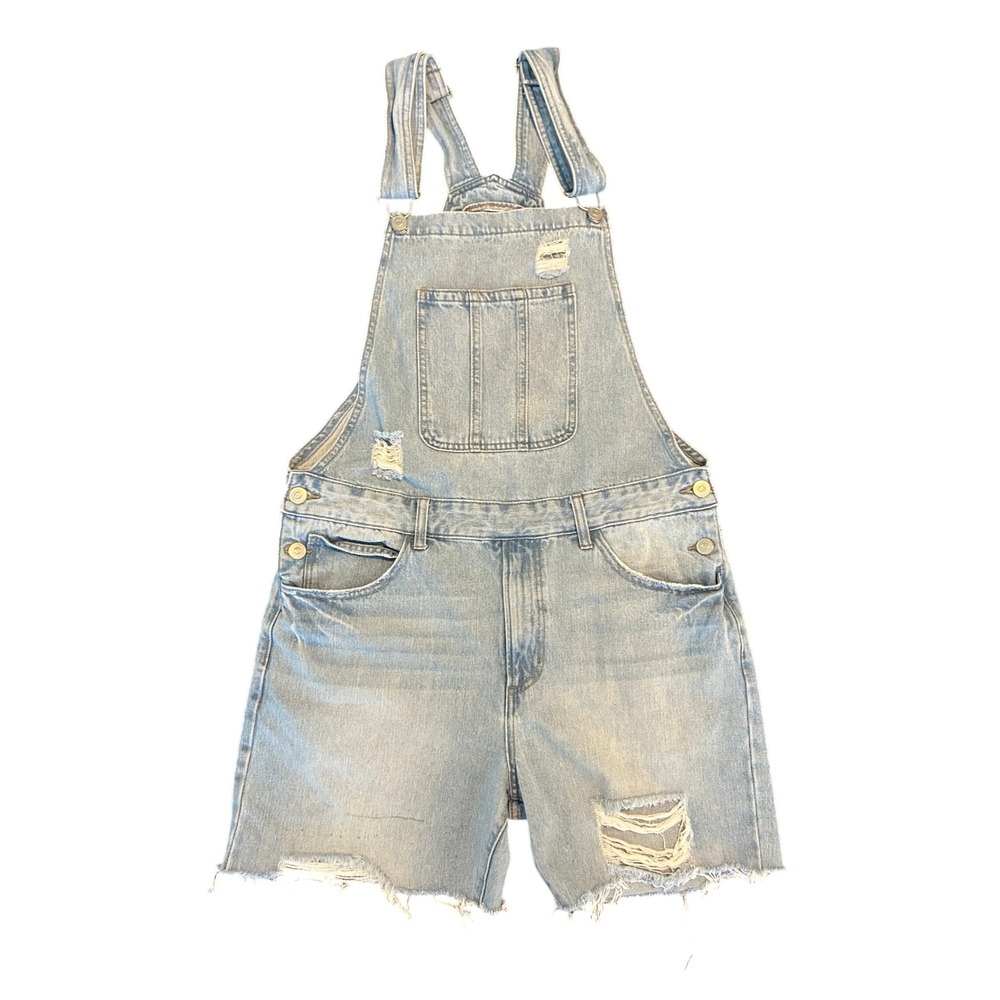 Forever 21 Men Light Wash Distressed Denim Shortalls Overalls Size Large 1571
